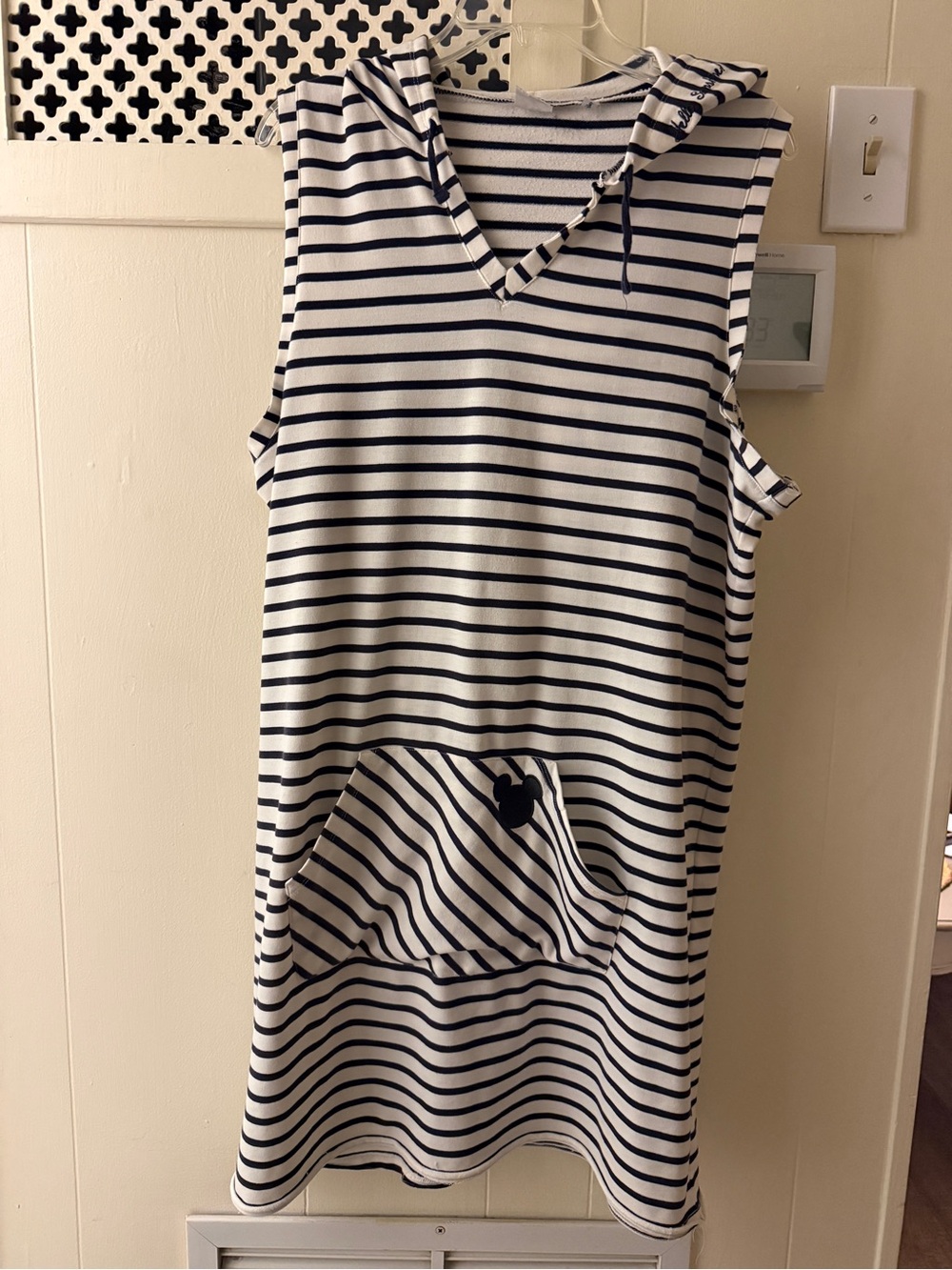 Mickey Logo Sleeveless Striped Hoodie Beach Cover-Up Navy and Off White Stripes